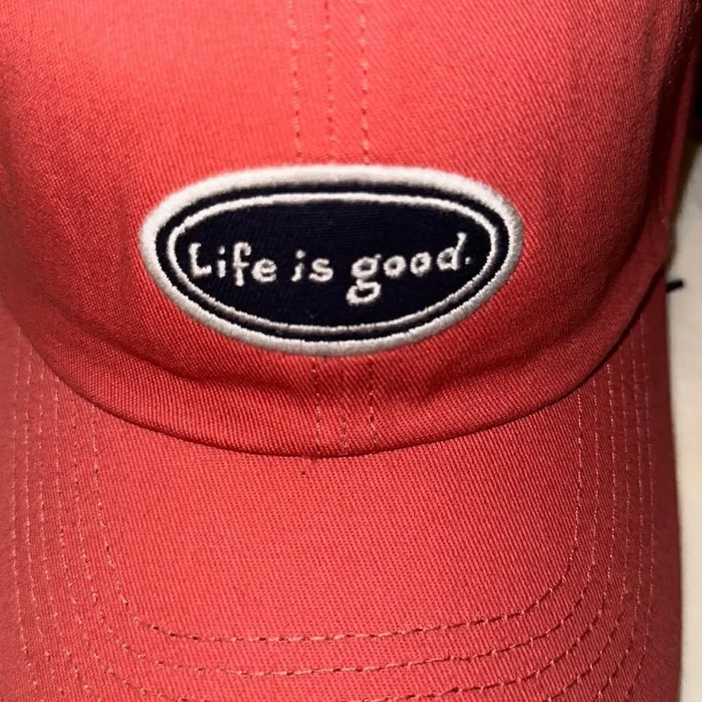 LIFE IS GOOD Coral Pink Navy White Embroidered Tattered Chill Cotton Cap